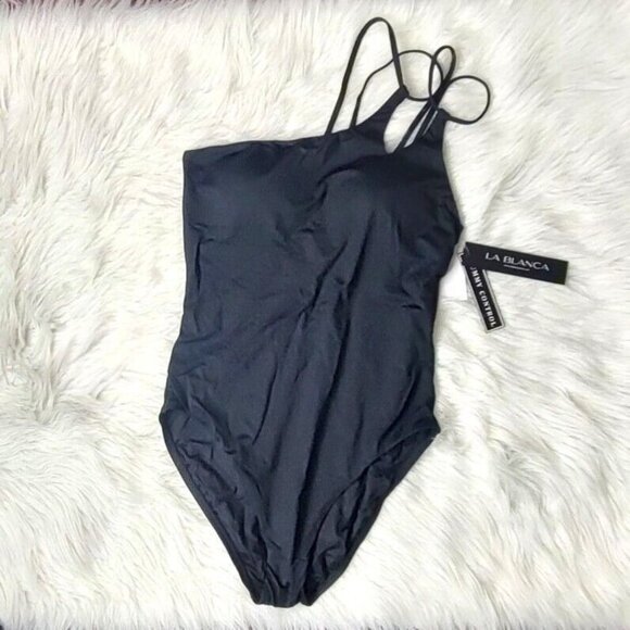 La Blanca One Piece Swimsuit 10 One Shoulder Black Tummy Control NEW - Picture 4 of 12